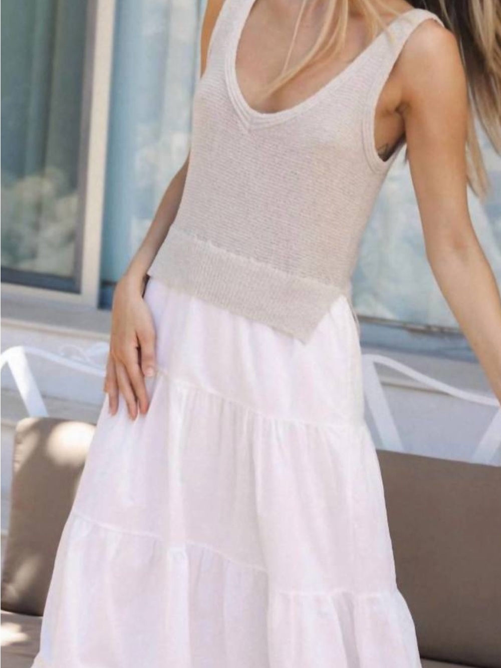 Elan White Tiered Maxi Dress with Tan Knit Sweater Tank - Picture 6 of 16
